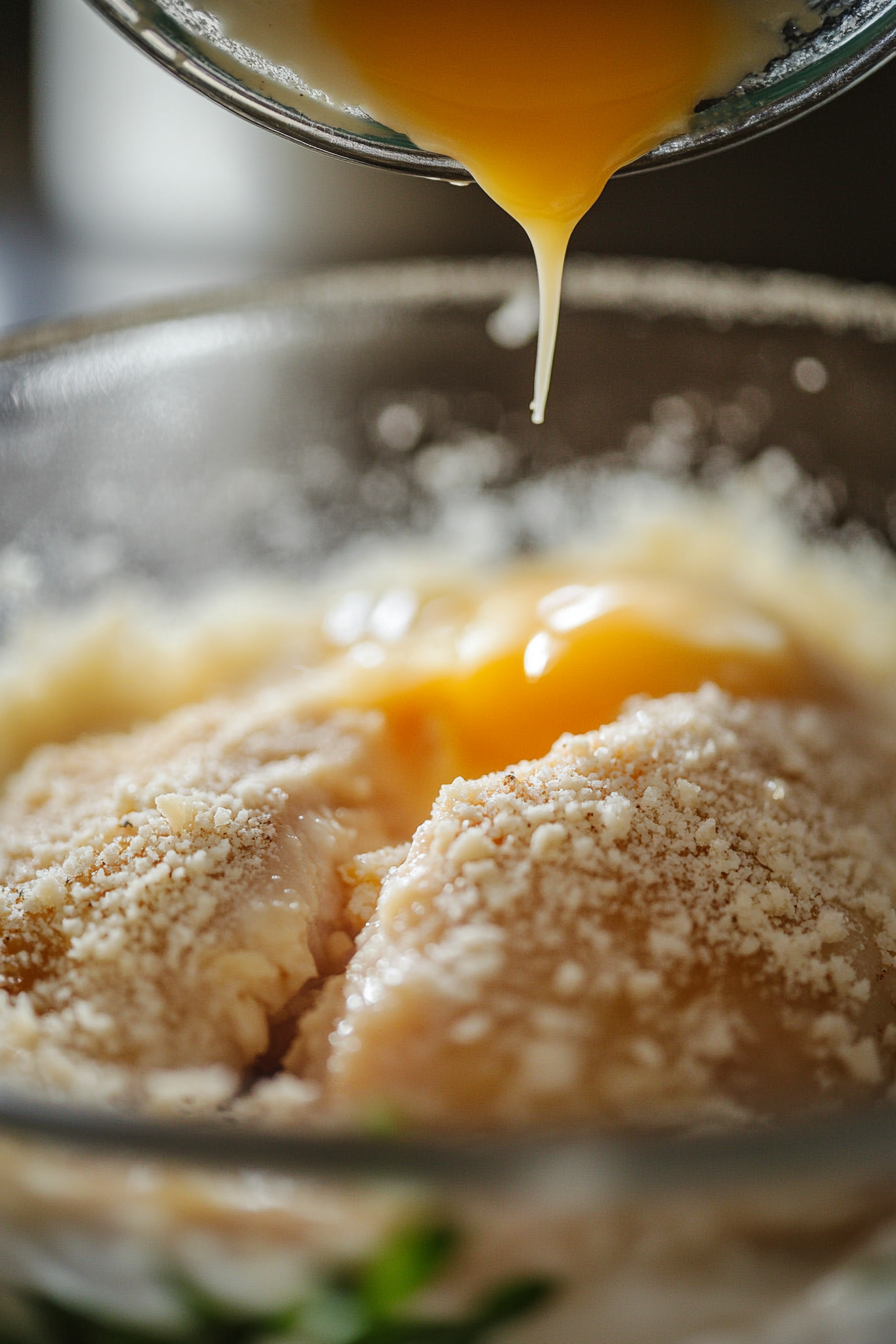 Close-up shot of chicken breasts being dipped in the bowl of whisked eggs, with the excess dripping off, and then coated in the parmesan-almond flour mixture, evenly covering the surface of the chicken.