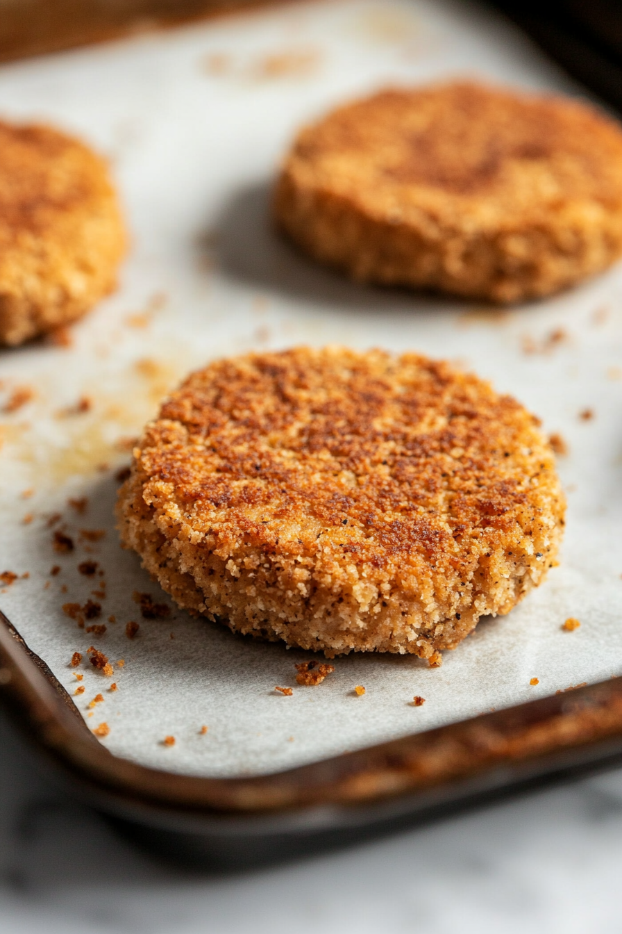 Close-up shot of a chickpea patty being coated in breadcrumbs, with breadcrumbs evenly pressed onto the patty, ready to be placed on a greased baking sheet on the white marble cooktop.