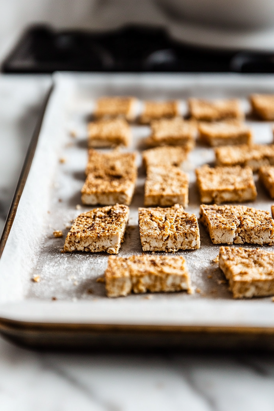 Close-up shot of tofu pieces on a baking sheet, freshly baked to a golden brown and crispy texture, with a kitchen timer in the background."