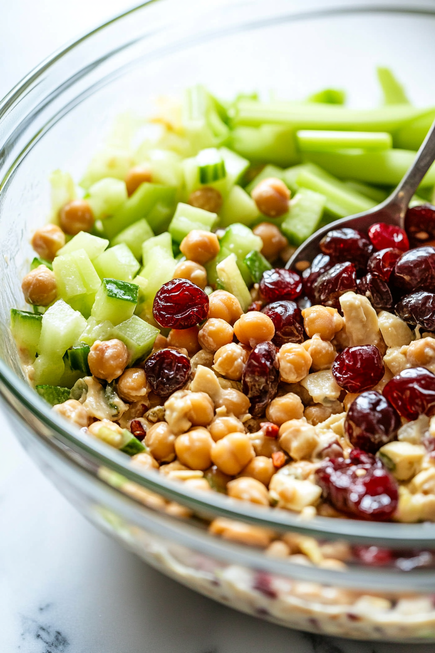 Close-up shot of a glass mixing bowl on the white marble cooktop filled with the almond and chickpea mixture, diced celery, halved red grapes, dried cherries, a dollop of vegan mayo, and a drizzle of lemon juice. A spoon is partially immersed, ready to mix.