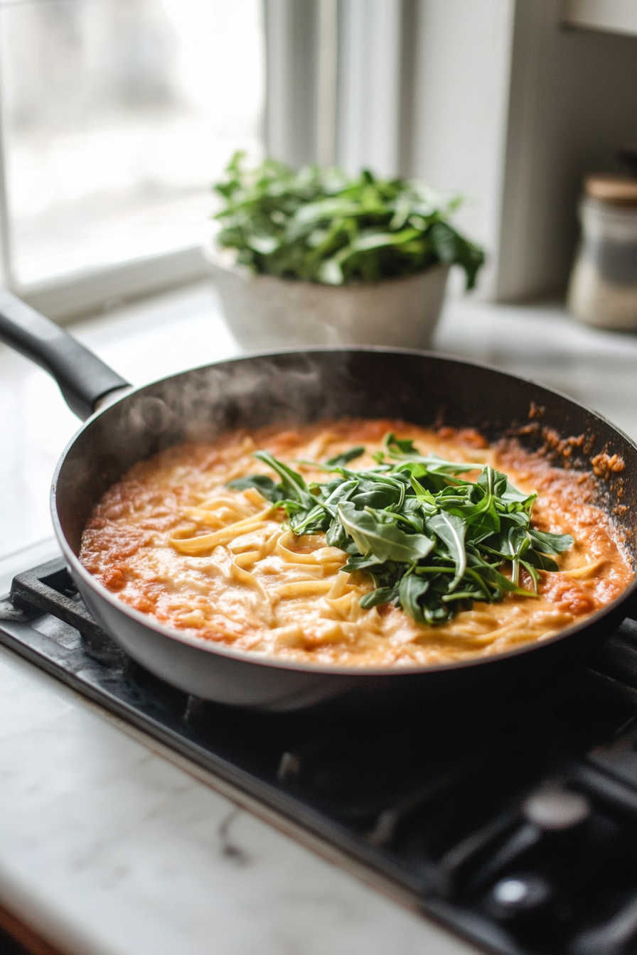 Close-up shot of a large black skillet on a white marble cooktop, with cooked fettuccine pasta added to the creamy tomato sauce. The pasta is gently tossed in the skillet, soaking up the rich sauce. Arugula is added, wilting slightly into the mixture.