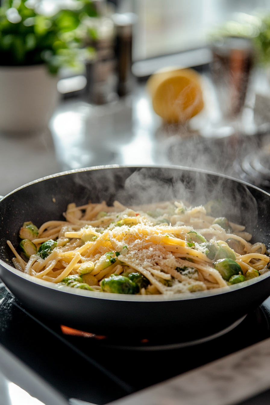 Close-up shot of the same large black skillet over the white marble cooktop, as sautéed Brussels sprouts and garlic are tossed back into the creamy spaghetti, their golden-brown edges contrasting with the sauce.