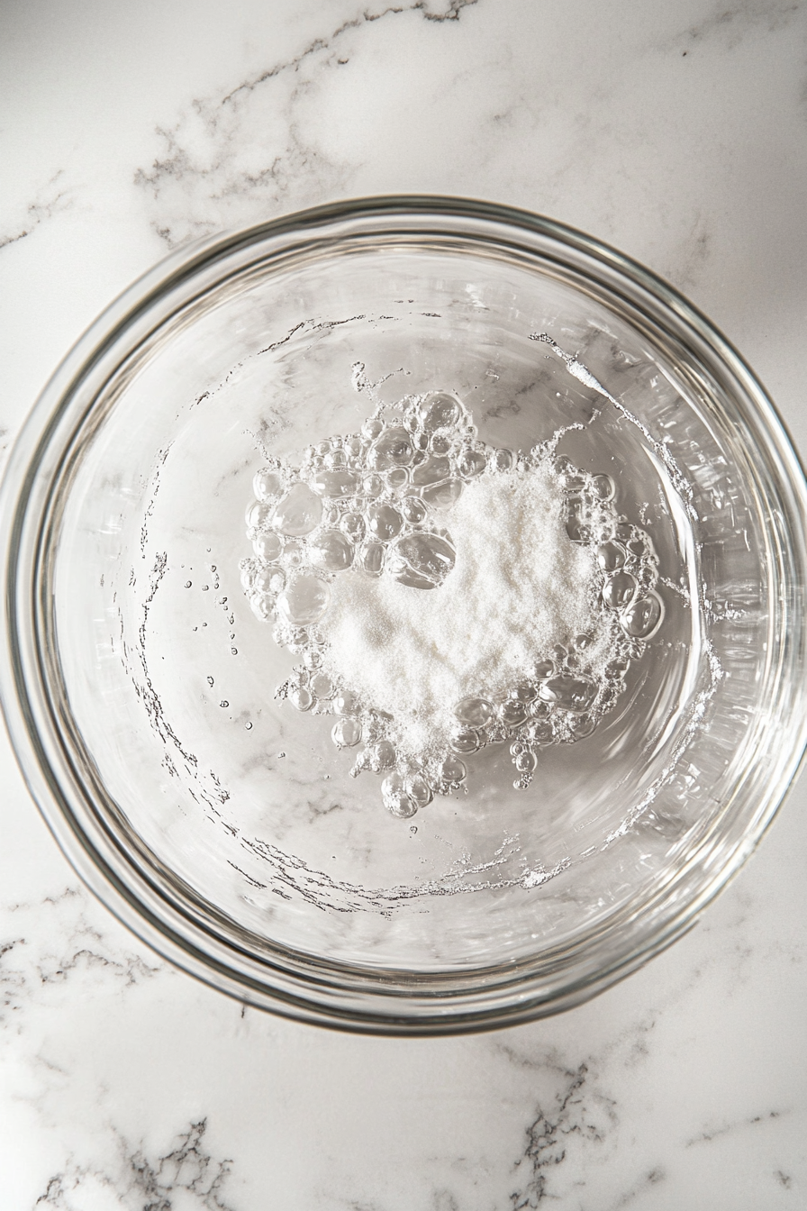 A close-up of a glass mixing bowl on a white marble countertop, where fine caster sugar is gradually being incorporated into the frothy aquafaba. The mixture appears thick and glossy, achieving a marshmallow-like texture.