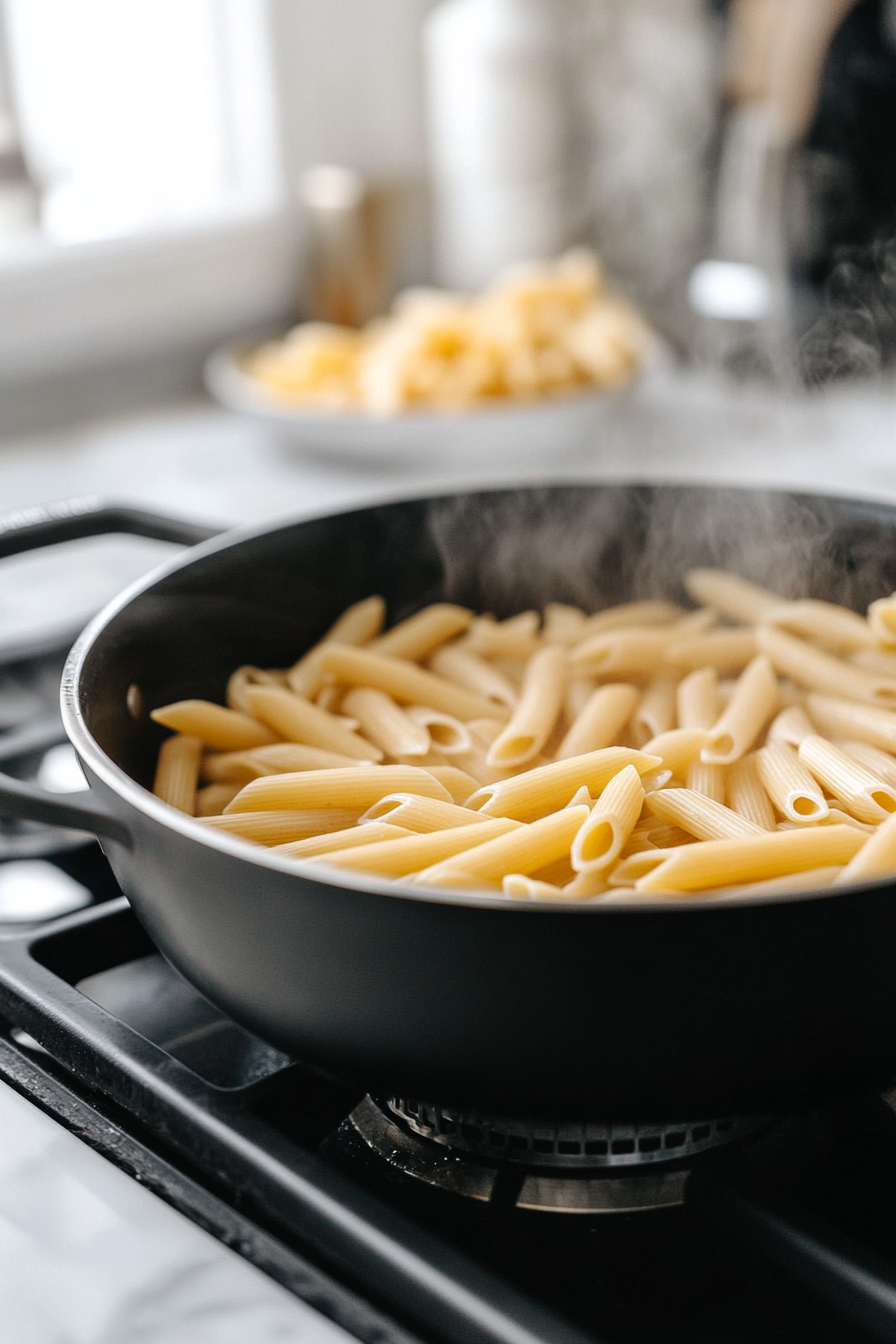 Close-up shot of a large black pot on the white marble cooktop, boiling dry pasta of choice in salted water. Steam rises, and a slotted spoon is resting on the side.