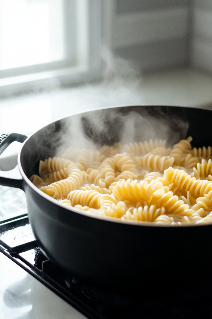 Close-up shot of a large black pot on the white marble cooktop. Spiral-shaped pasta is boiling in water, ready to be drained. Steam rises from the pot as the pasta swirls in the bubbling water. A colander is ready beside the pot.