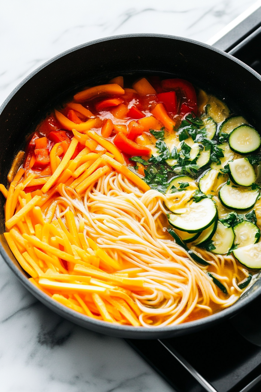 Close-up shot of the black sauté pan on the white marble cooktop. Broccoli florets, thawed peas, and halved cherry tomatoes are stirred into the simmering pasta and vegetable mixture. The vibrant ingredients blend into the rich, creamy broth