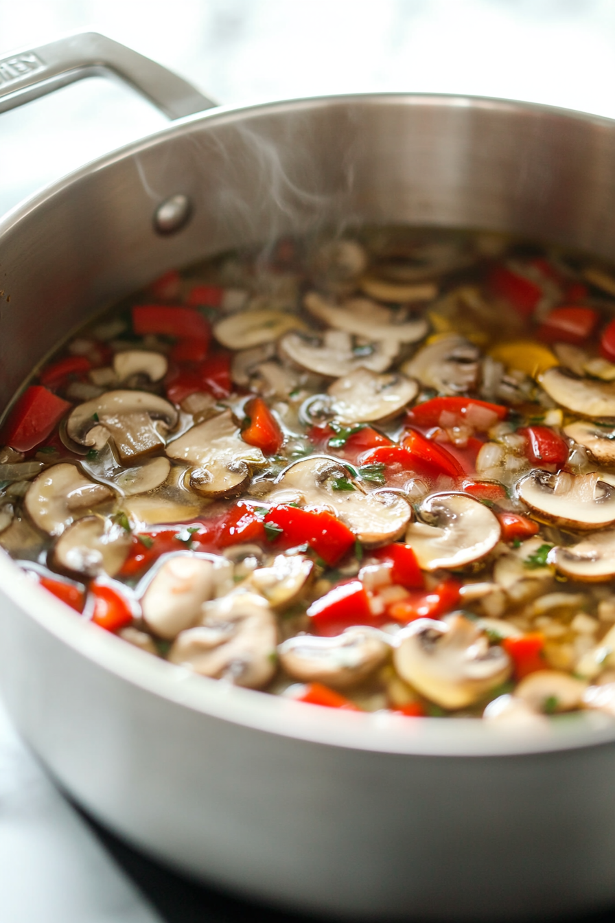 Close-up shot of a large pot on the white marble cooktop, with olive oil heating and red bell pepper strips and white mushrooms being sautéed. The veggies are softening and beginning to brown, with a slight shimmer of oil visible in the pot. The pot’s surface glistens as the veggies cook, and steam rises from the hot ingredients.