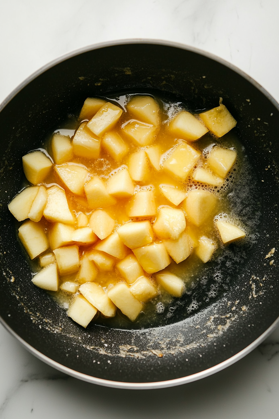 Close-up shot of a large black skillet on a white marble cooktop, with melted butter sizzling as apple chunks are added. The apples are gently stirring and beginning to simmer in the skillet, with the sugar dissolving into the buttery liquid.