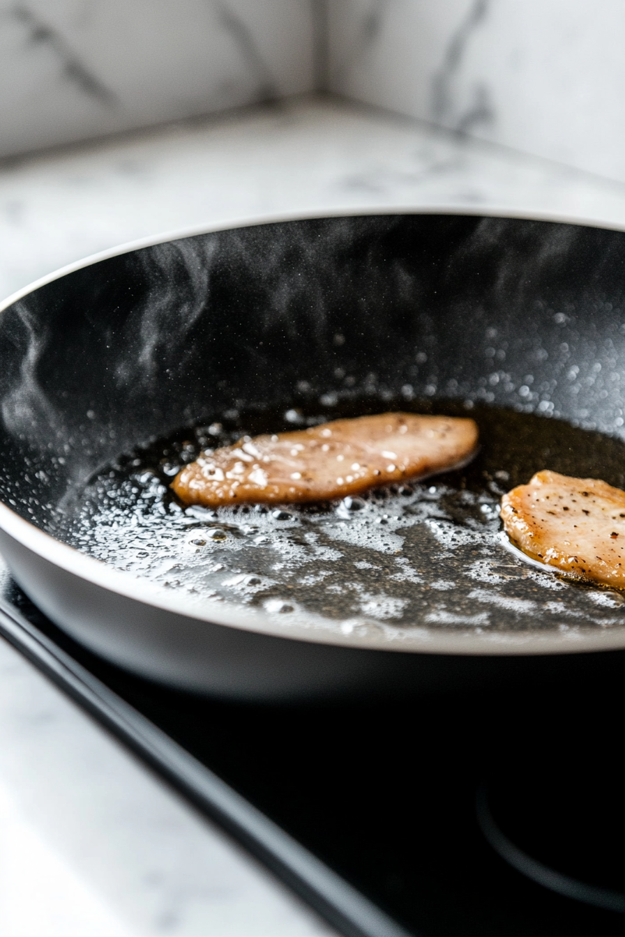 Close-up shot of a large black skillet on a white marble cooktop, heating olive oil. Two thin fillets of chicken breast are sizzling in the skillet, turning golden brown. The heat of the skillet causes small bubbles to form around the chicken, and the seasoning can be seen glistening on the surface.