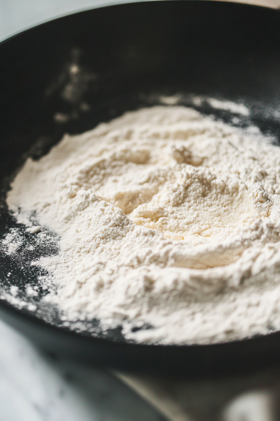 Close-up shot of the same large black skillet over the white marble cooktop, with all-purpose flour whisked into the melted vegan butter, forming a smooth, pale golden paste.