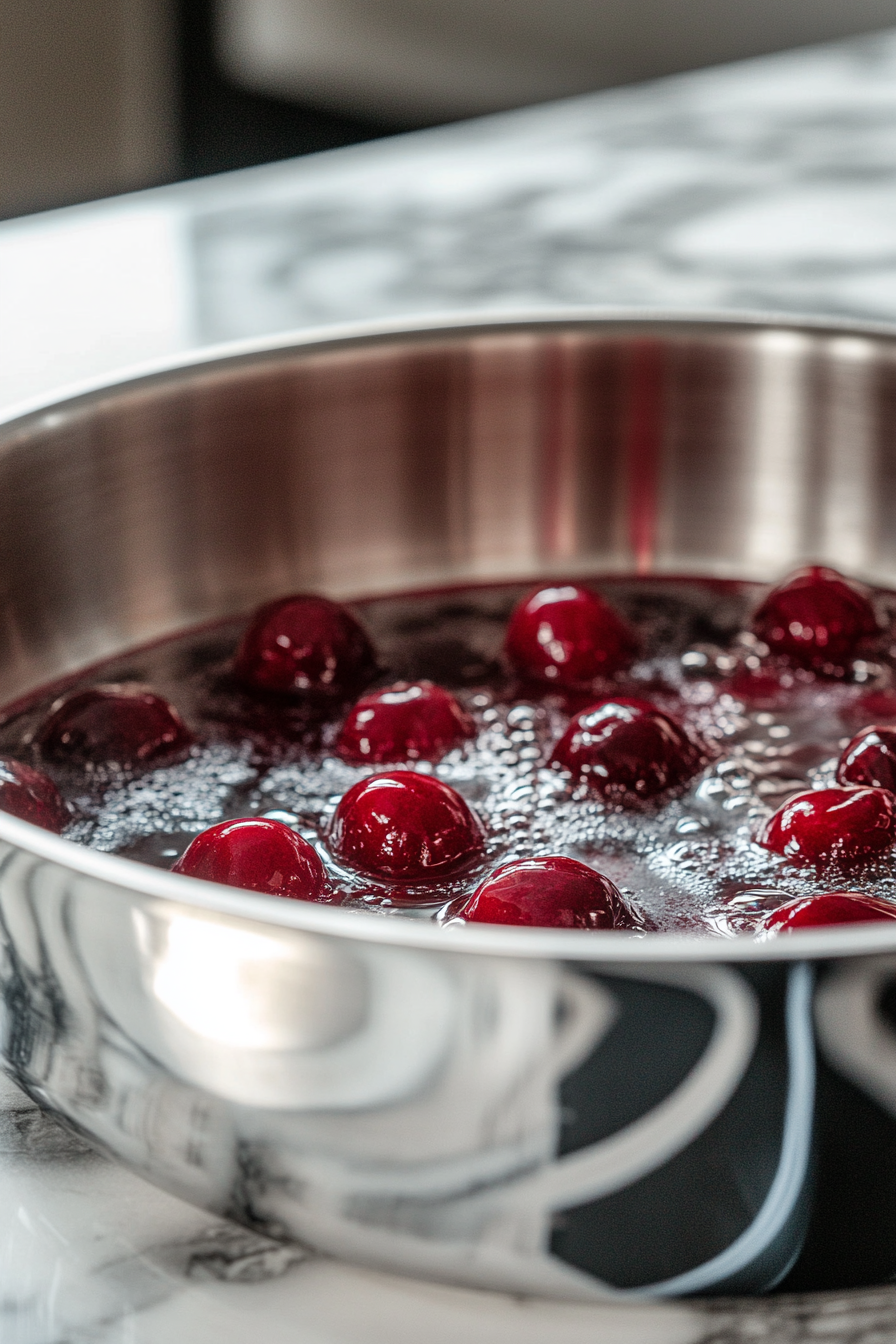 Close-up shot of a shiny stainless steel saucepan on the white marble cooktop, with frozen pitted cherries cooking and releasing their juices. The vibrant red liquid begins to bubble and thicken.