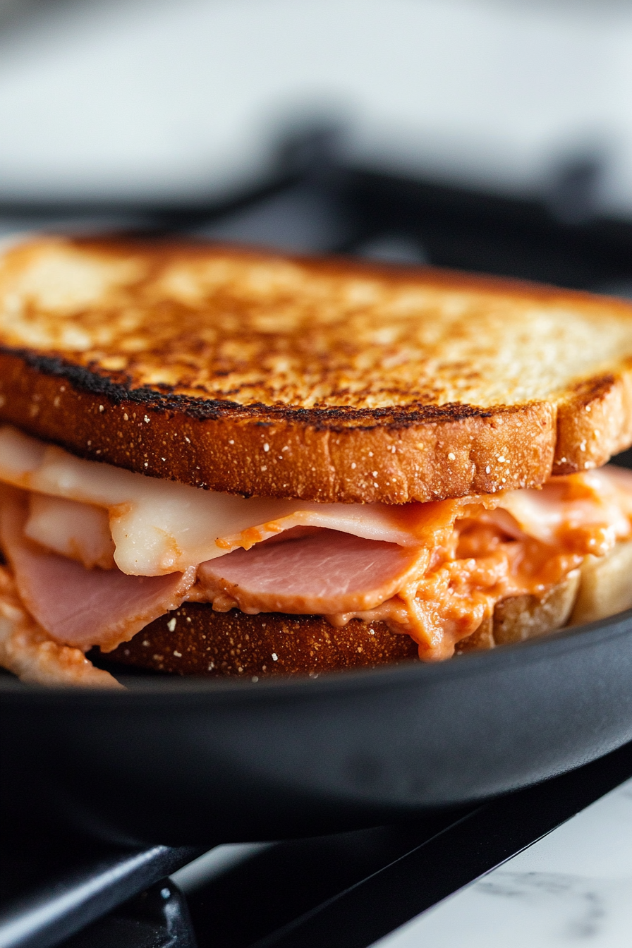 Close-up shot of a neatly formed sandwich, where a second Gardein Chick’n Scallopini piece rests gently atop the layered ham and cheese, edges perfectly aligned, over the white marble cooktop.