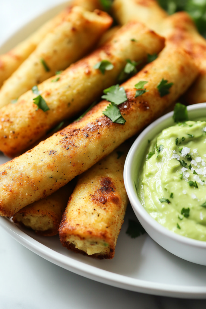 Close-up shot of taquitos arranged on a white plate, with a generous serving of avocado crema on the side, topped with fresh cilantro and a sprinkle of flaky salt, set over a white marble cooktop.