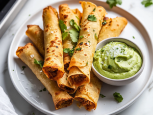 Close-up shot of taquitos arranged on a white plate, with a generous serving of avocado crema on the side, topped with fresh cilantro and a sprinkle of flaky salt, set over a white marble cooktop.