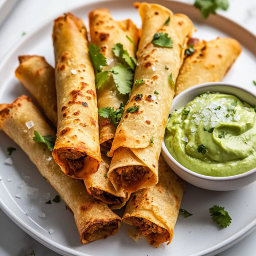 Close-up shot of taquitos arranged on a white plate, with a generous serving of avocado crema on the side, topped with fresh cilantro and a sprinkle of flaky salt, set over a white marble cooktop.