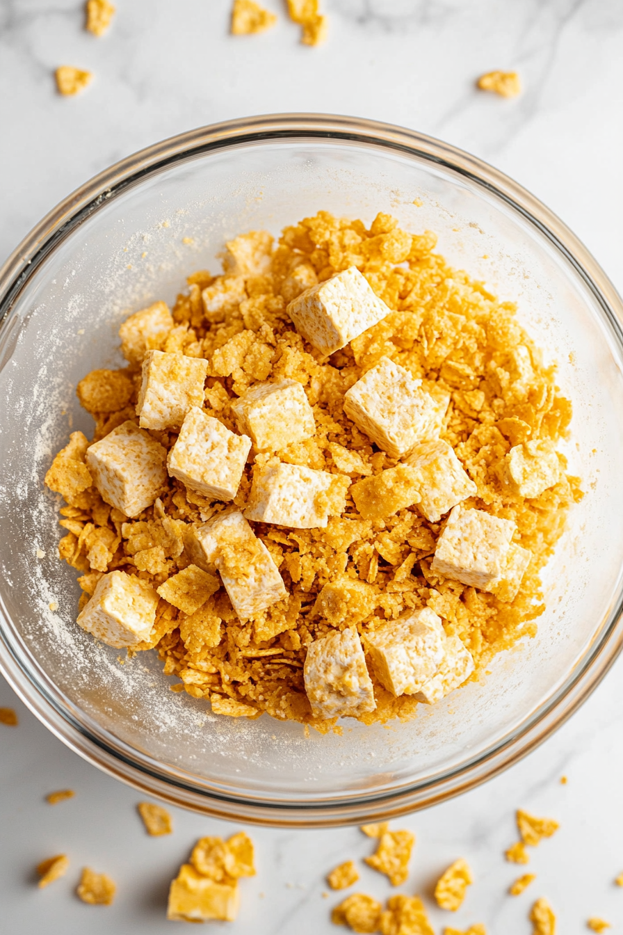 Close-up shot of crushed corn flakes being mixed into seasoned flour in a glass bowl on the white marble cooktop, with a breaded tofu piece being coated for a second layer.