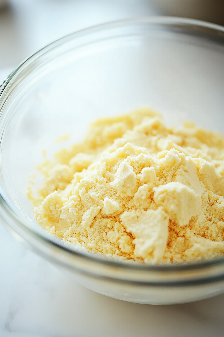 A close-up of a clear glass bowl on a white marble countertop filled with finely crushed golden-brown vegan ginger cookie crumbs. The crumbs are uniform and powdery, glistening slightly under bright natural light.