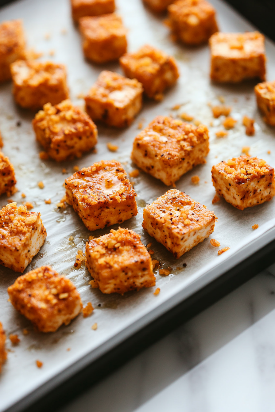 Close-up shot of hands dipping marinated tofu pieces into crushed potato chips, then placing them onto a parchment-lined baking sheet, with olive oil being sprayed over them