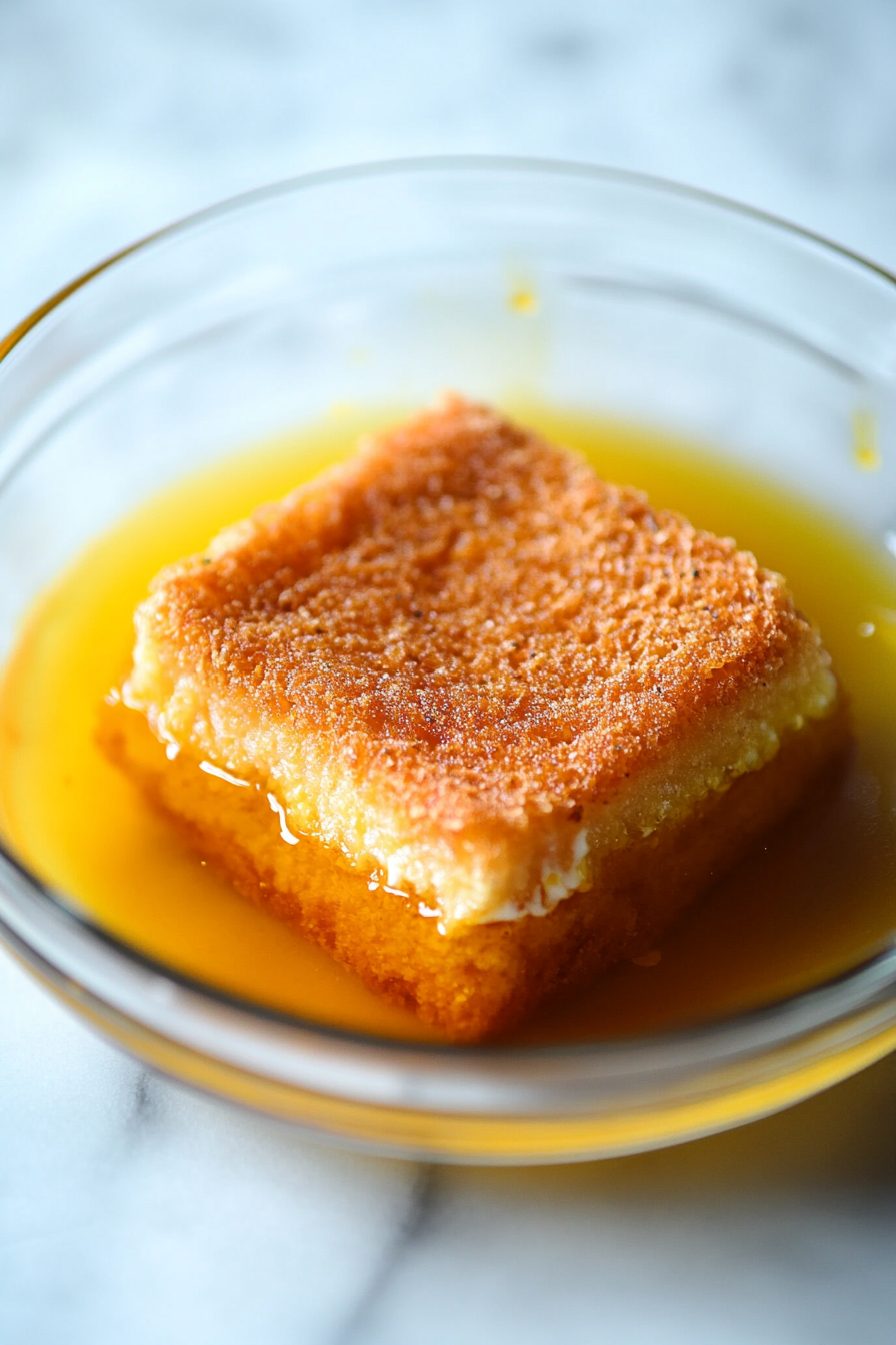 Close-up shot of the coated vegan Chick’n sandwich fully submerged in a glass bowl filled with rich, golden Just Egg, the liquid clinging to its surface, over the white marble cooktop.