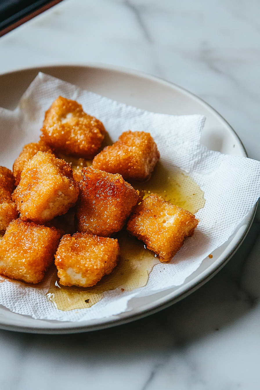 Close-up shot of golden fried tofu pieces being placed onto a paper towel-lined plate on the white marble cooktop, with excess oil glistening