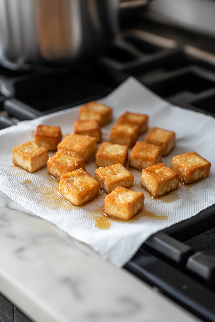 Close-up shot of freshly fried tofu cubes being placed on paper towels on the white marble cooktop, draining excess oil while maintaining their golden crispy texture