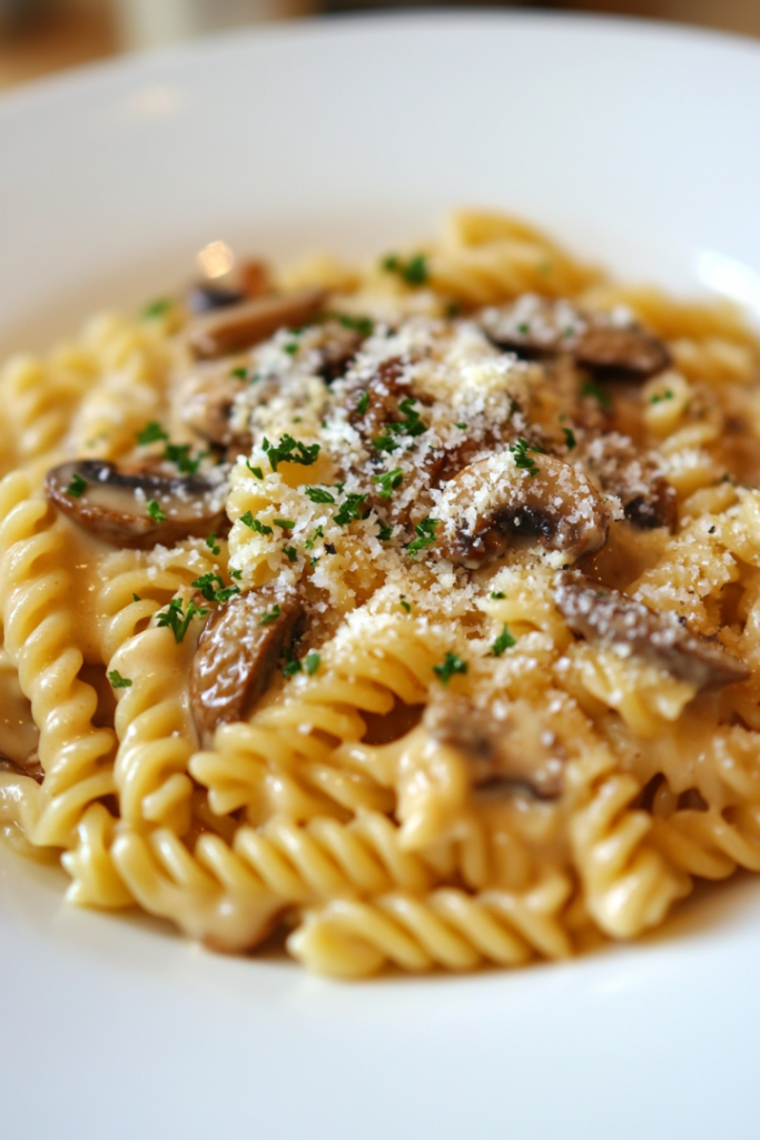 Close-up shot of a plate on the white marble cooktop with creamy vegan mushroom stroganoff. The pasta is garnished with fresh parsley and a sprinkle of vegan parmesan, ready to be served hot.