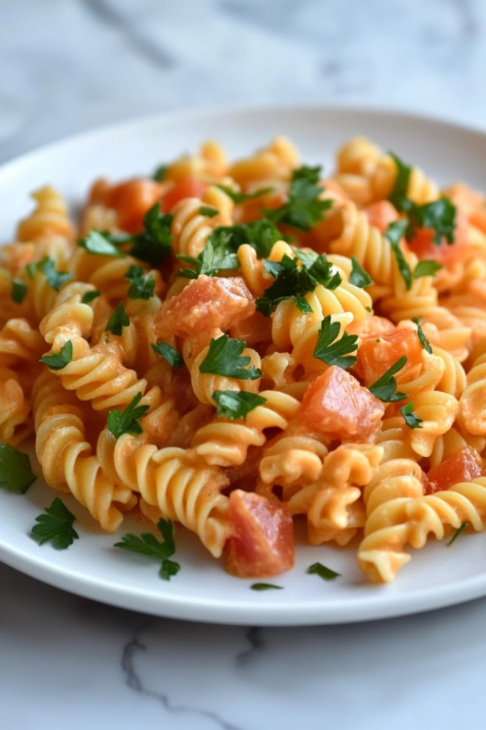 Close-up shot of a plate on the white marble cooktop. The creamy pasta is topped with chopped flat-leaf parsley, and a generous serving of spiral-shaped pasta is ready to enjoy. The dish is hot and colorful, ready to be served.