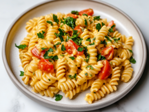 Close-up shot of a plate on the white marble cooktop. The creamy pasta is topped with chopped flat-leaf parsley, and a generous serving of spiral-shaped pasta is ready to enjoy. The dish is hot and colorful, ready to be served