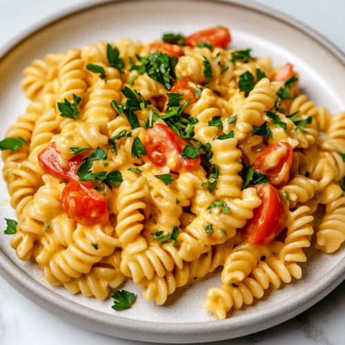 Close-up shot of a plate on the white marble cooktop. The creamy pasta is topped with chopped flat-leaf parsley, and a generous serving of spiral-shaped pasta is ready to enjoy. The dish is hot and colorful, ready to be served