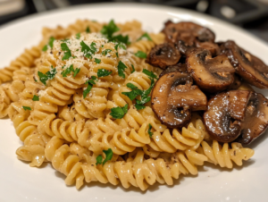 Close-up shot of a plate on the white marble cooktop with creamy vegan mushroom stroganoff. The pasta is garnished with fresh parsley and a sprinkle of vegan parmesan, ready to be served hot.