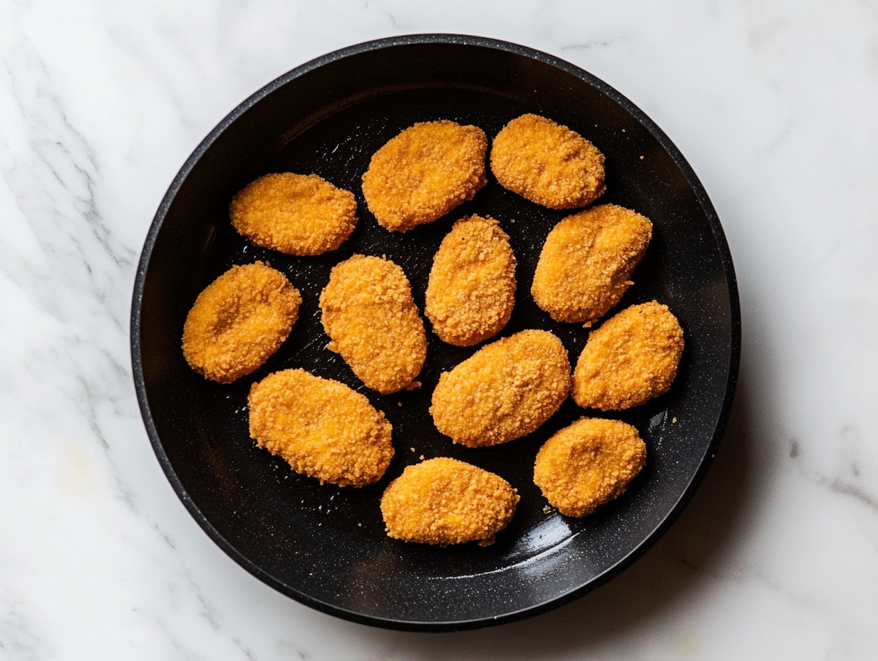 Close-up shot of a shiny black skillet on the white marble cooktop, holding the chilled vegan chicken tenders, ready to be seasoned and cooked. Their texture appears firm, with an even golden hue, perfect for pan-frying, grilling, breading, or slicing.