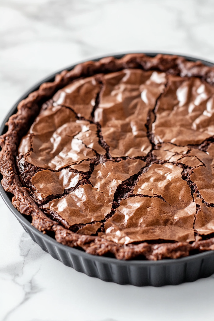 A close-up of a decadent, sliced chocolate brownie pie elegantly arranged on a white marble countertop. The shiny, slightly cracked top reveals a flaky, rich chocolate crust beneath. The pie is garnished with a dusting of powdered sugar, fresh raspberries, and a sprig of mint.