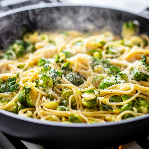 Close-up shot of the same large black skillet over the white marble cooktop, with the pasta and Brussels sprouts thoroughly combined, steaming and ready to serve. The dish is garnished with a hint of lemon zest and optional vegan Parmesan.