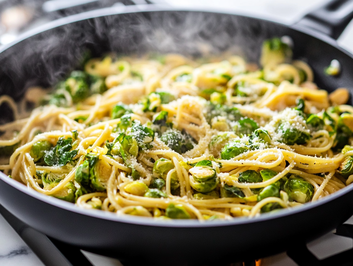 Close-up shot of the same large black skillet over the white marble cooktop, with the pasta and Brussels sprouts thoroughly combined, steaming and ready to serve. The dish is garnished with a hint of lemon zest and optional vegan Parmesan.