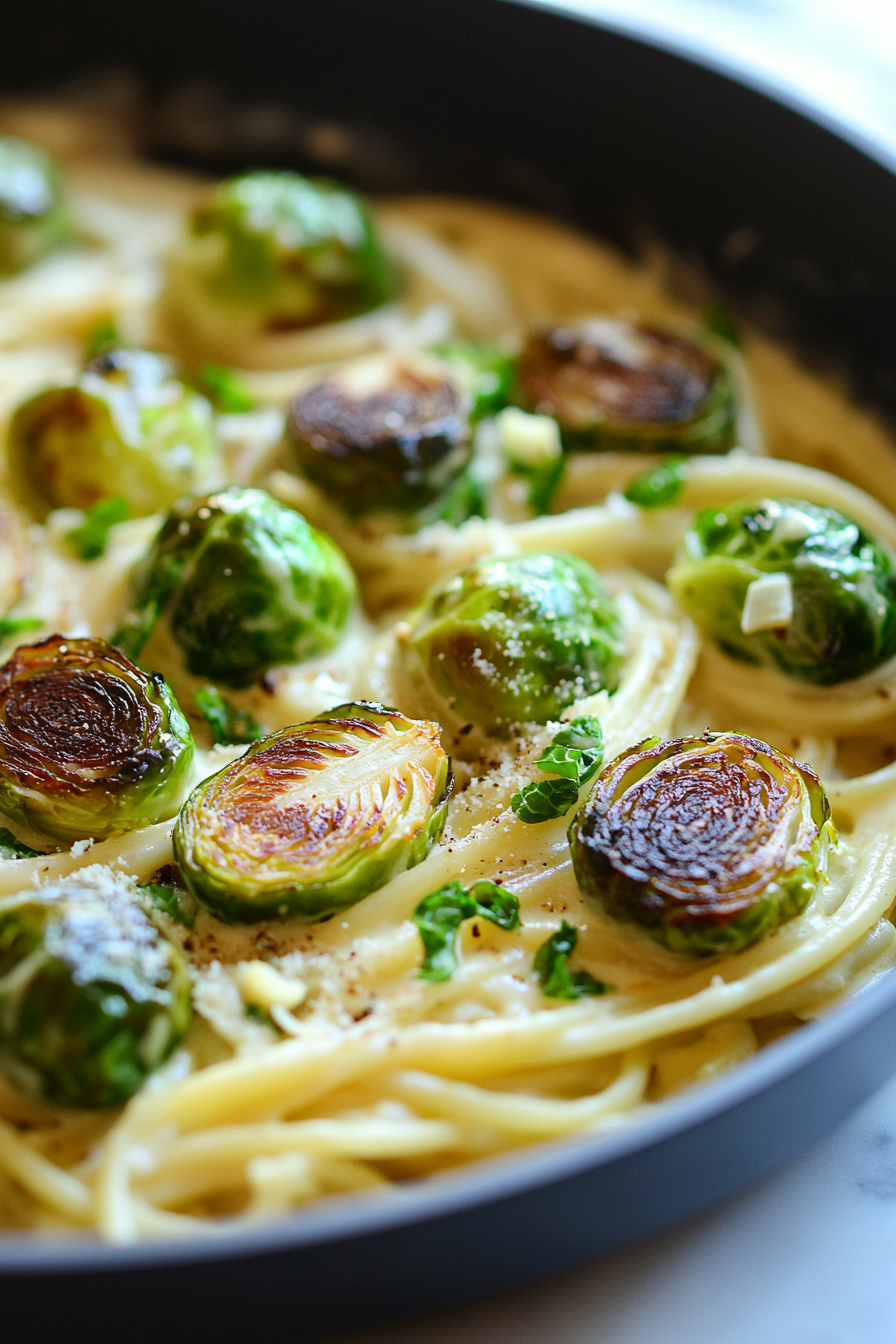 Close-up shot of the same large black skillet over the white marble cooktop, with the pasta and Brussels sprouts thoroughly combined, steaming and ready to serve. The dish is garnished with a hint of lemon zest and optional vegan Parmesan.