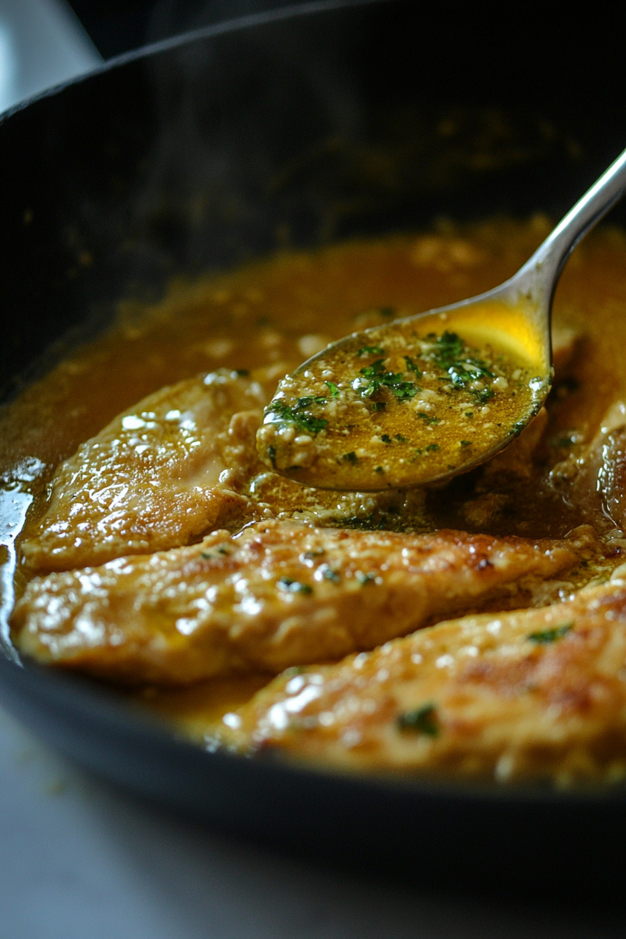 Close-up shot of the chicken fillets back in a large black skillet on a white marble cooktop, coated with the golden garlic herb butter sauce. The chicken is sizzling as it finishes cooking, and the sauce is being spooned over it. The vibrant green of the parsley or cilantro contrasts with the golden sauce.