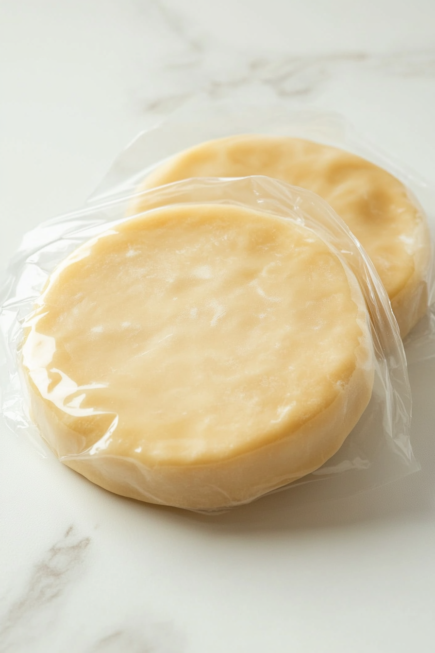 Close-up shot of two round dough discs wrapped snugly in cling wrap, resting on the white marble cooktop. The smooth surface of the dough is visible through the transparent wrap.