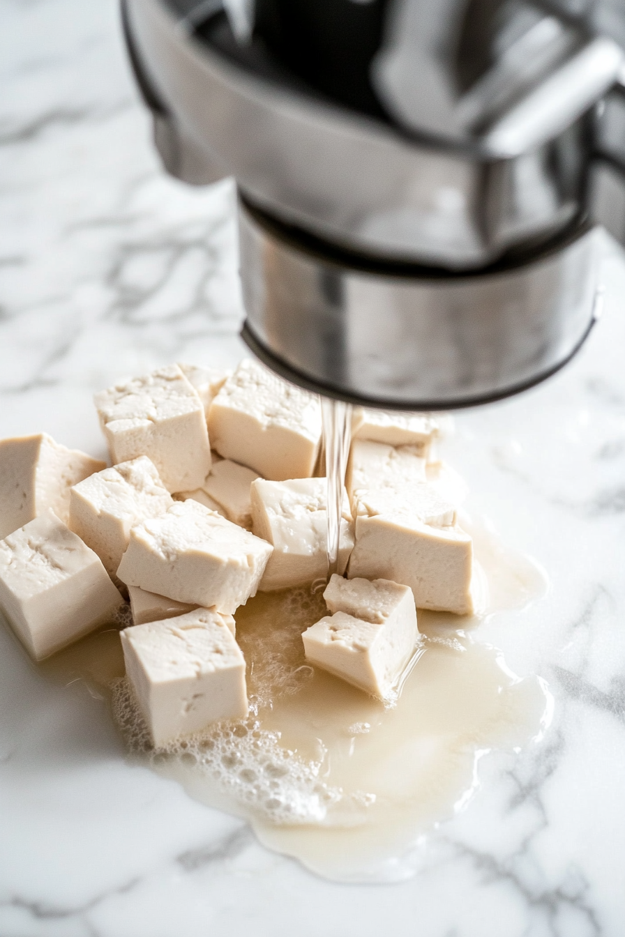 Close-up shot of medium firm tofu being pressed under a tofu press over the white marble cooktop, with a small puddle of liquid collecting underneath.