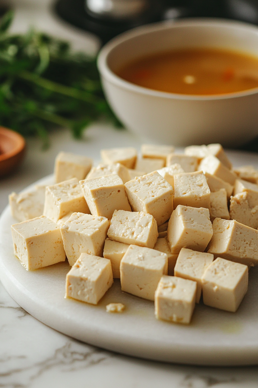 Close-up shot of extra firm tofu being pressed on the white marble cooktop, with a small plate and weight on top, and then cut into 1-inch cubes. A bowl of vegan chicken broth is visible in the background.