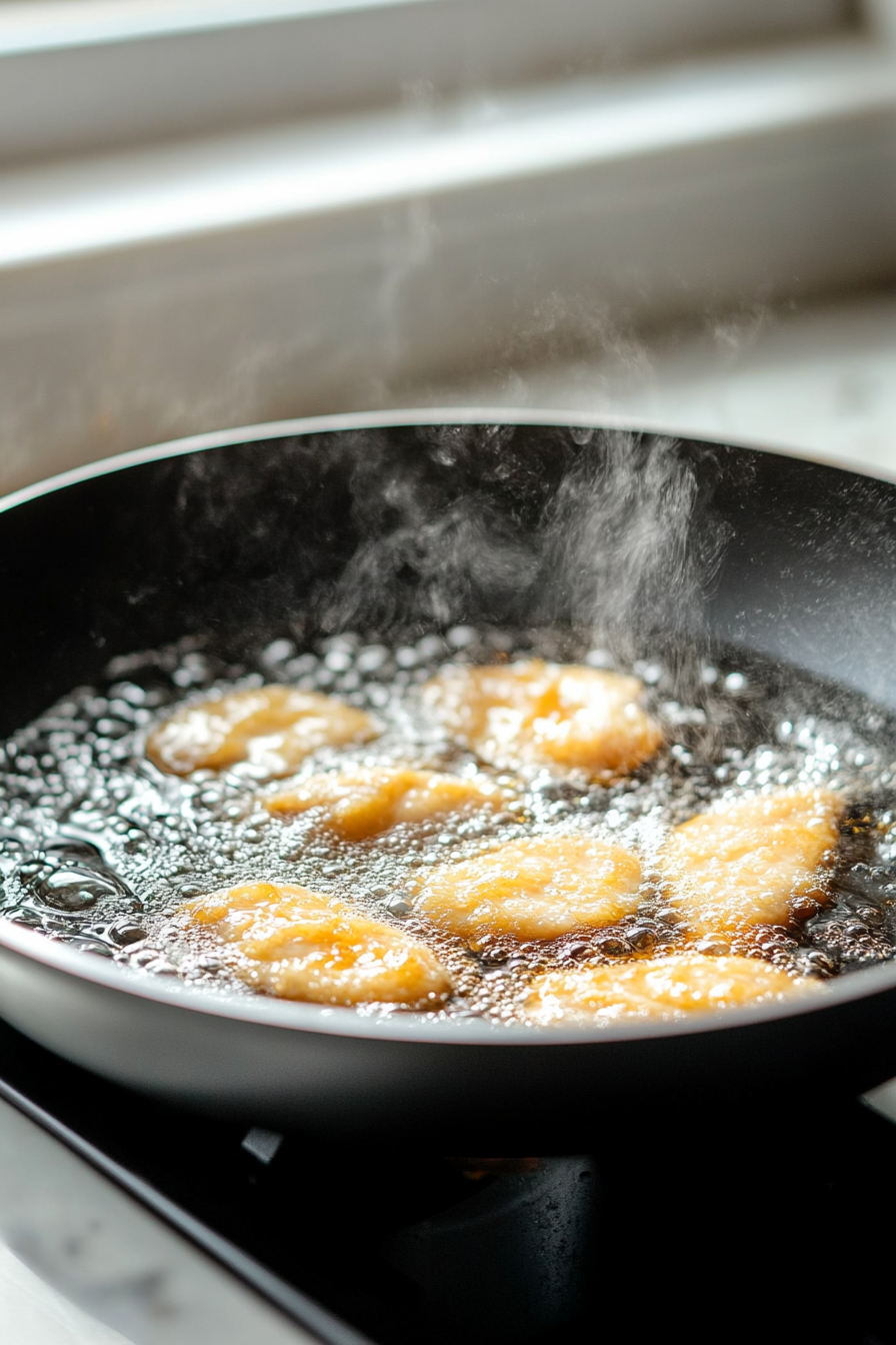 Close-up shot of a non-stick frying pan on the white marble cooktop with golden-coated chicken breasts frying in hot oil. The chicken sizzles as it cooks, with edges crisping to a perfect golden brown.