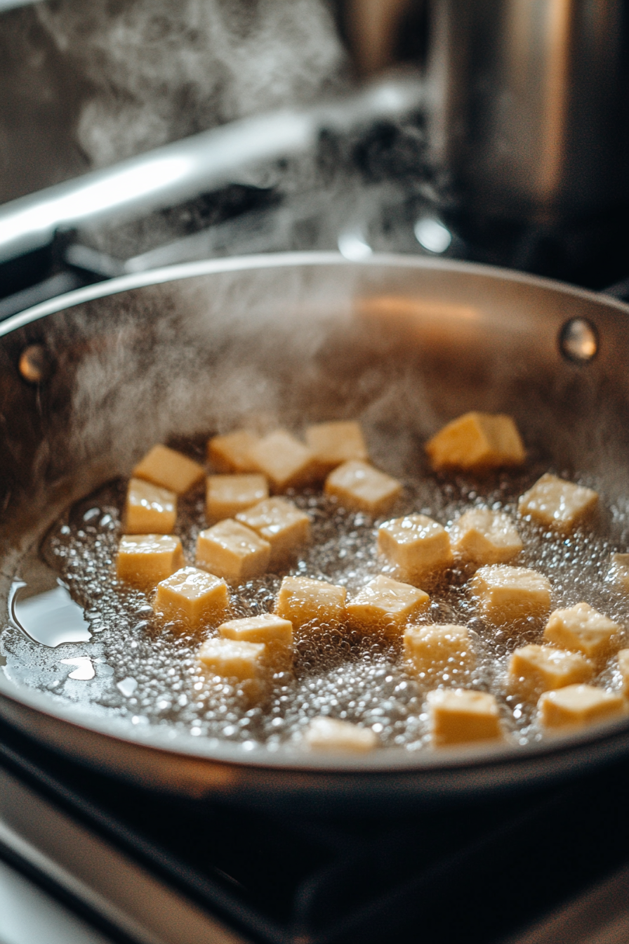 Close-up shot of tofu cubes frying in hot oil in a pan on the white marble cooktop, turning golden brown and crispy.