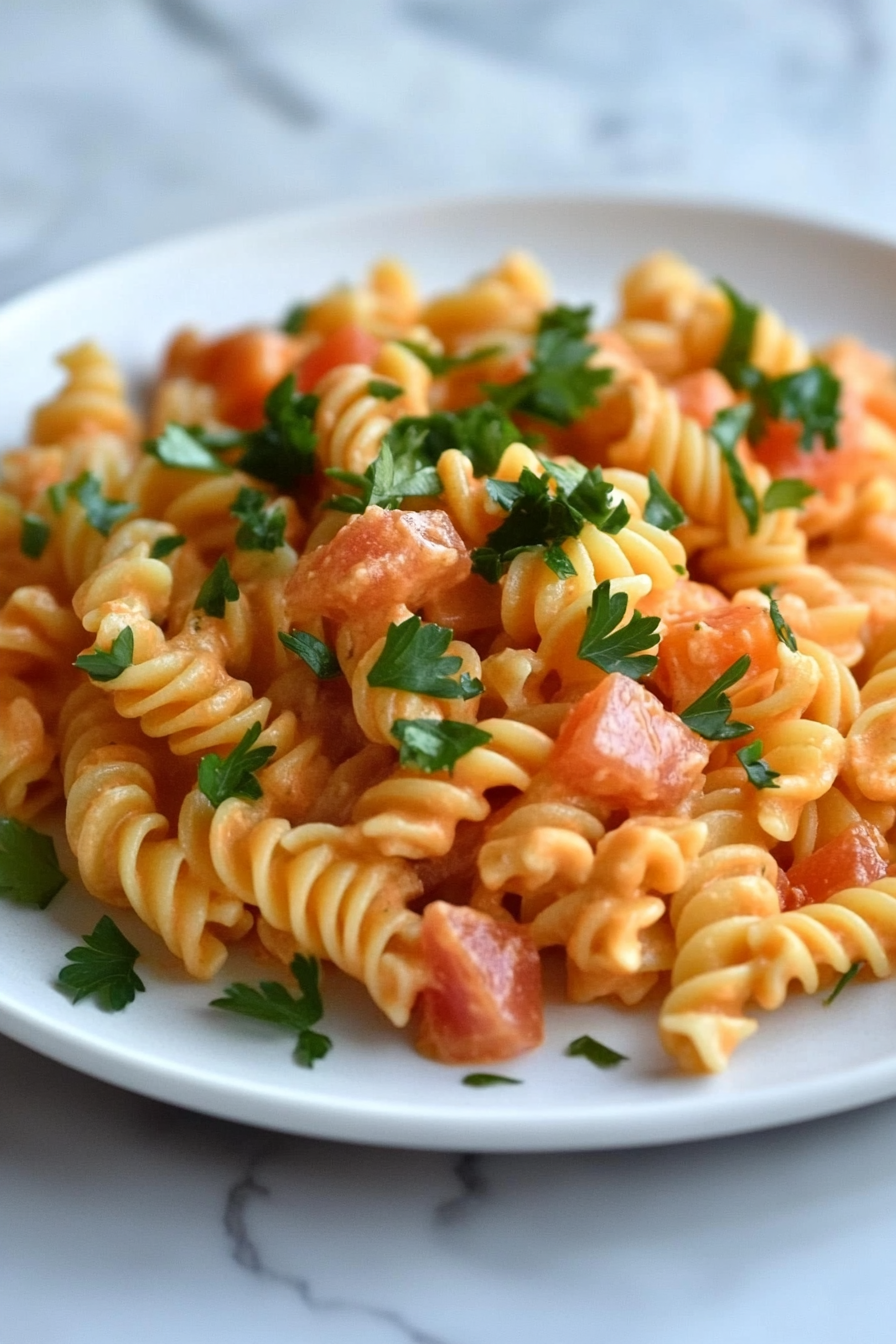 Close-up shot of a plate on the white marble cooktop. The creamy pasta is topped with chopped flat-leaf parsley, and a generous serving of spiral-shaped pasta is ready to enjoy. The dish is hot and colorful, ready to be served