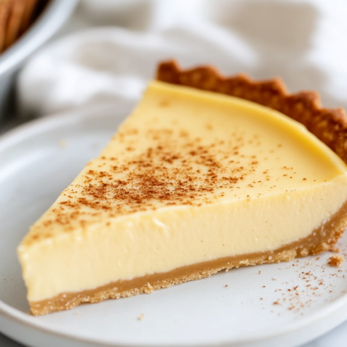 Close-up shot of a slice of the eggnog custard tart on a white dessert plate over the white marble cooktop. The smooth custard filling is topped with a sprinkle of freshly grated nutmeg.