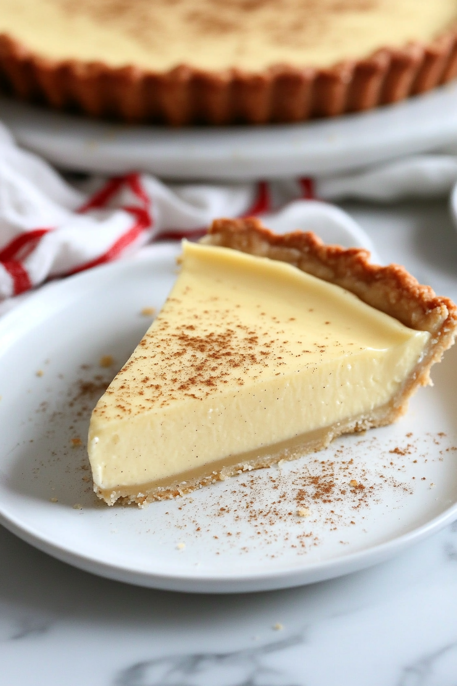 Close-up shot of a slice of the eggnog custard tart on a white dessert plate over the white marble cooktop. The smooth custard filling is topped with a sprinkle of freshly grated nutmeg.