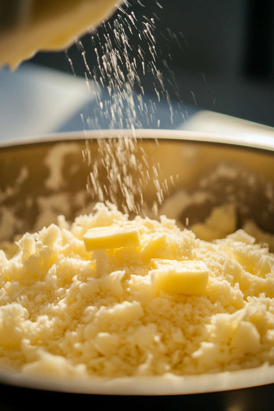 Close-up shot of grated chilled butter being added into the flour mixture in the large bowl on a white marble cooktop. The ice water is drizzled over the mixture, ready to be combined into dough.