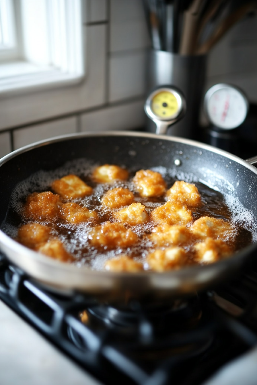 Close-up shot of a deep pan filled with bubbling vegetable oil on the white marble cooktop, frying tofu pieces to a golden brown. A thermometer rests on the side, showing 350–375°F