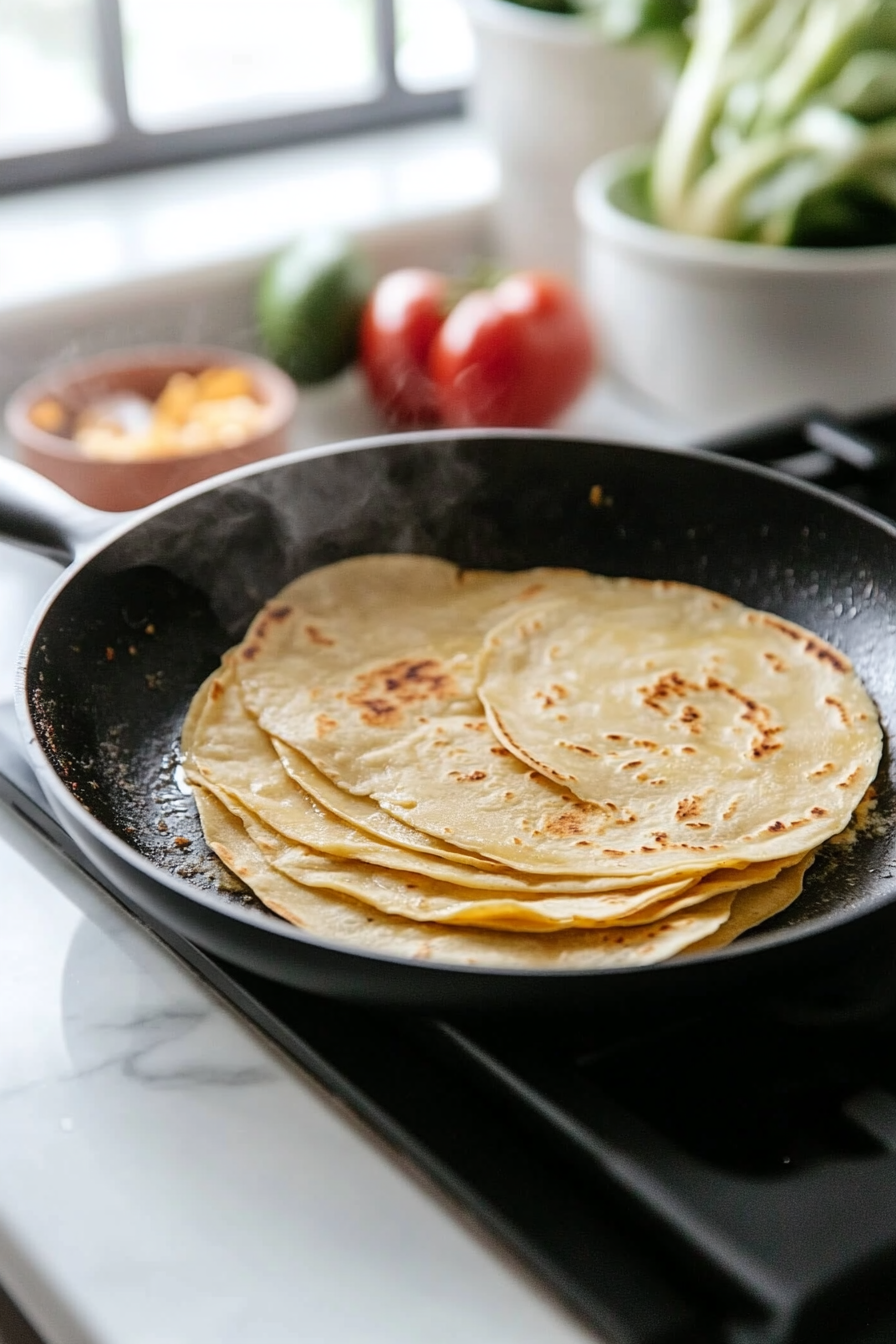 Close-up shot of a black skillet on the white marble cooktop with warm corn tortillas inside, lightly sprayed with avocado oil, and sizzling with slight golden edges.