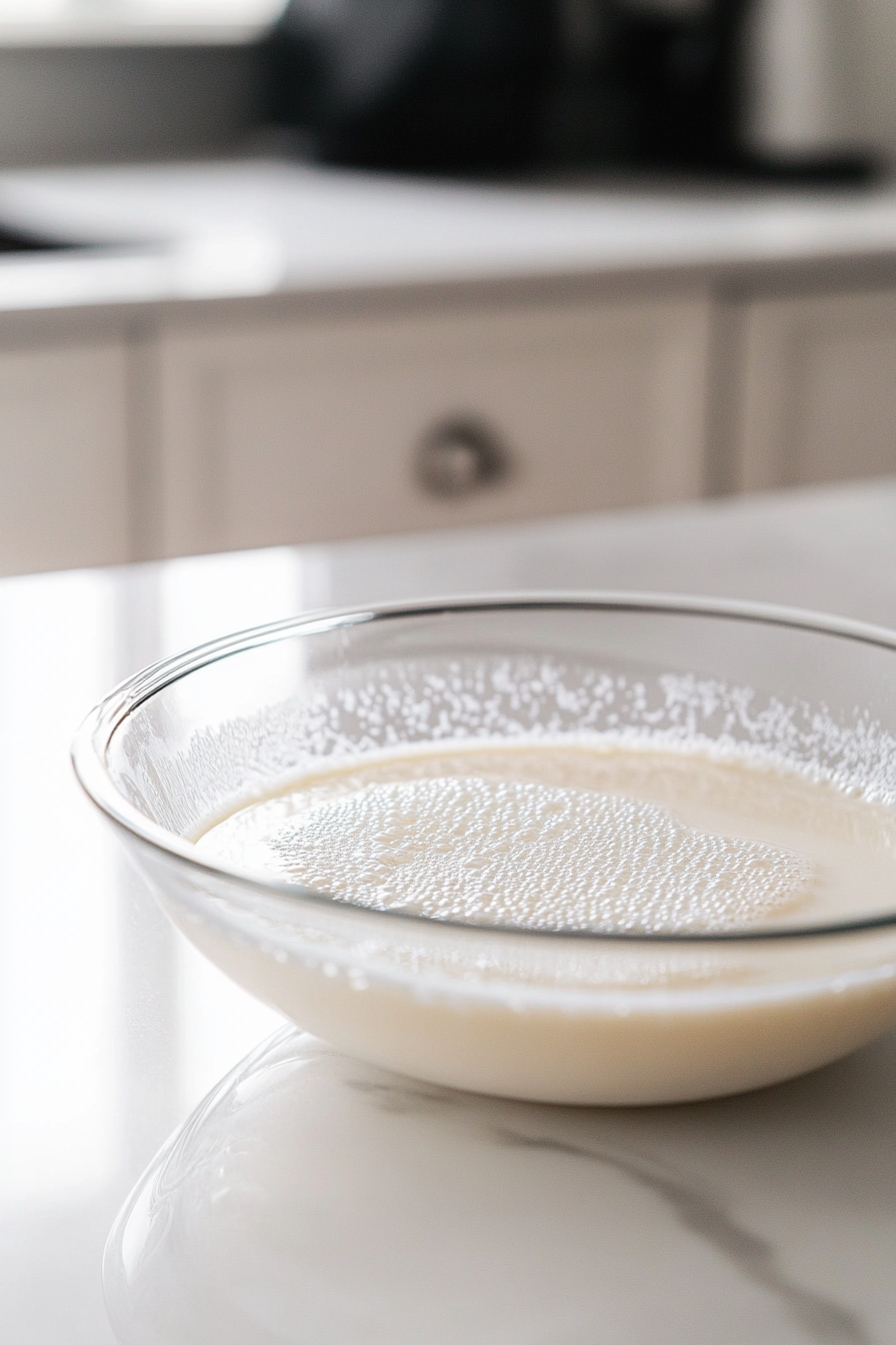 A close-up of a transparent glass bowl on a white marble countertop, containing coconut milk gently heated to a simmer, with small bubbles visible along the edges.