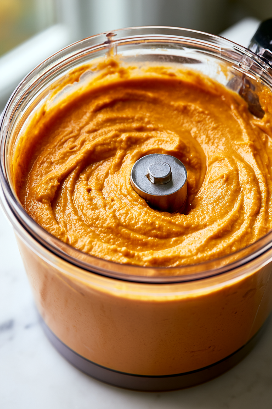 In a food processor, combine pumpkin purée, maple syrup, arrowroot powder, pumpkin pie spice, almond butter, tofu, and vanilla extract