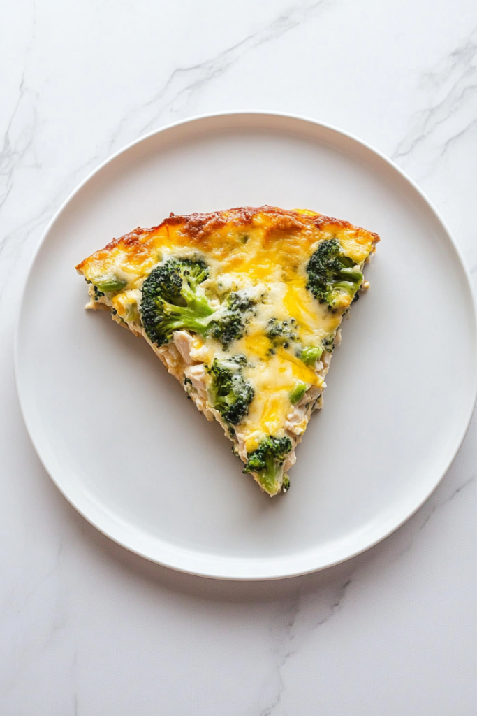 A slice of Keto Chicken Broccoli Casserole is served on a white plate, revealing layers of creamy cheese, tender chicken, and bright green broccoli. The golden, bubbly cheese topping is intact, with the plate placed on the white marble cooktop for a clean and minimal presentation